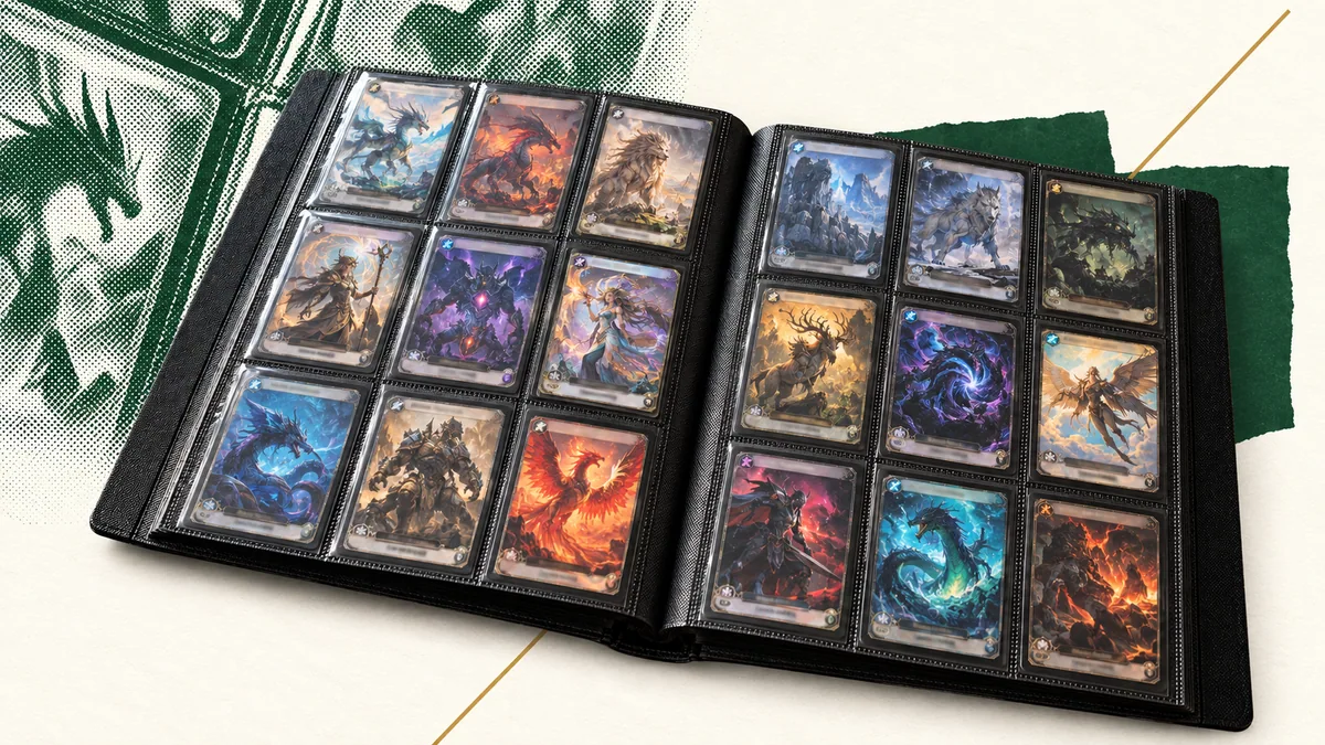 Colagem editorial de um álbum aberto com ilustrações de cartas