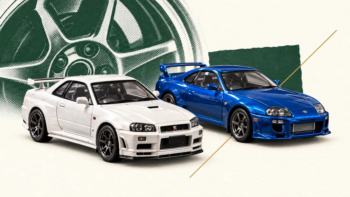Colagem editorial com miniaturas de carros branco e azul