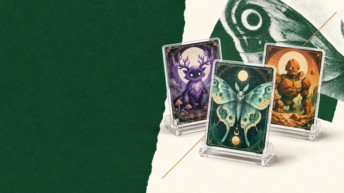 Colagem editorial de cartas ilustradas de fantasia em suportes transparentes