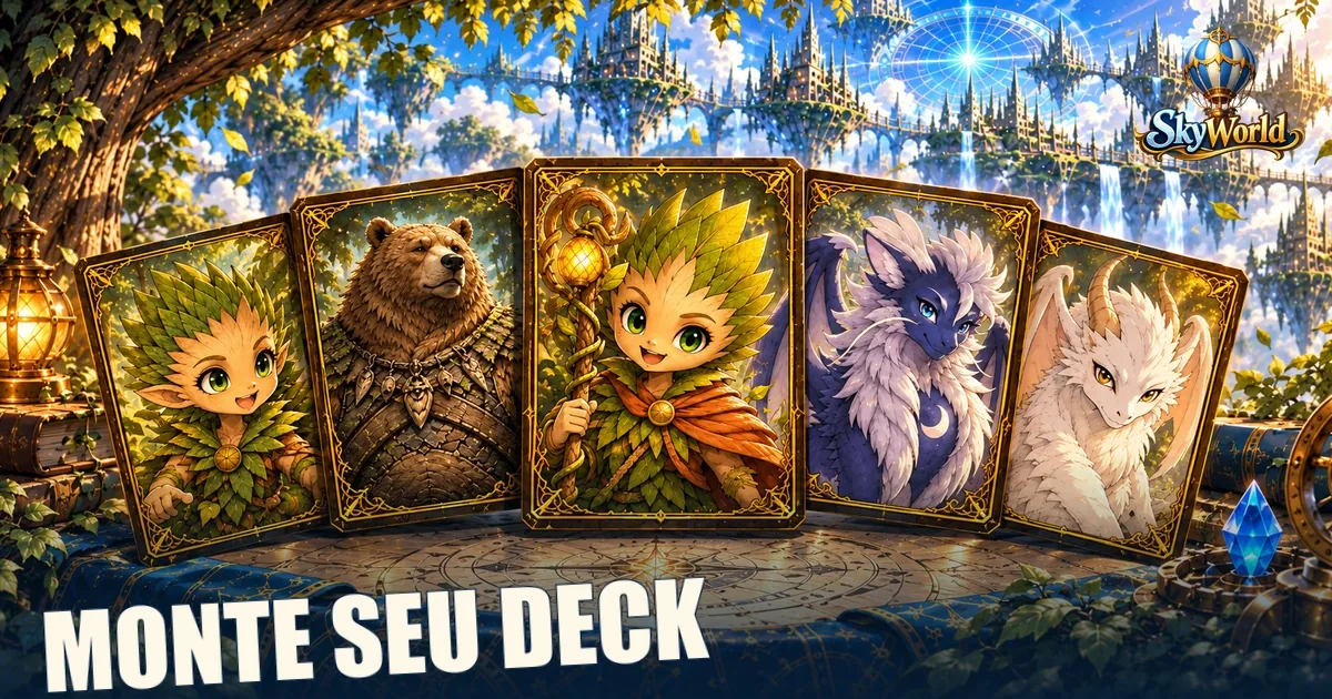 Cartas de personagens de Sky World sobre uma mesa de construção de decks, diante de uma cidade entre as nuvens.