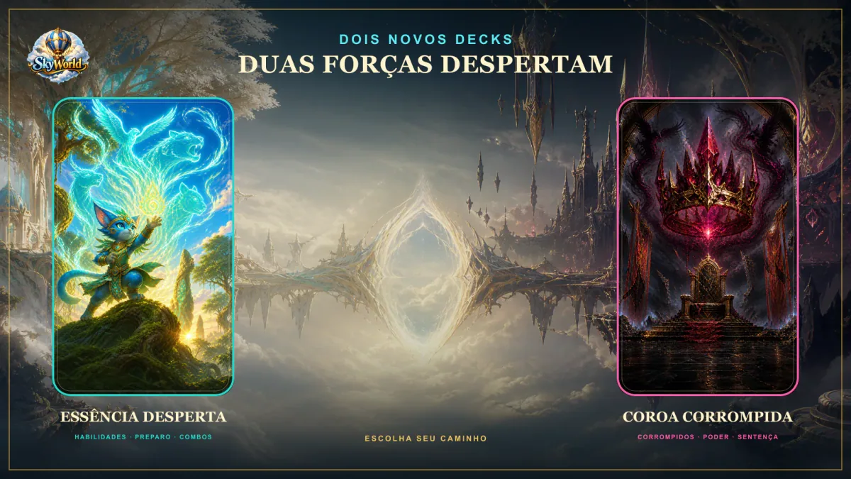 Essência Desperta e Coroa Corrompida diante de dois reinos celestes de Sky World